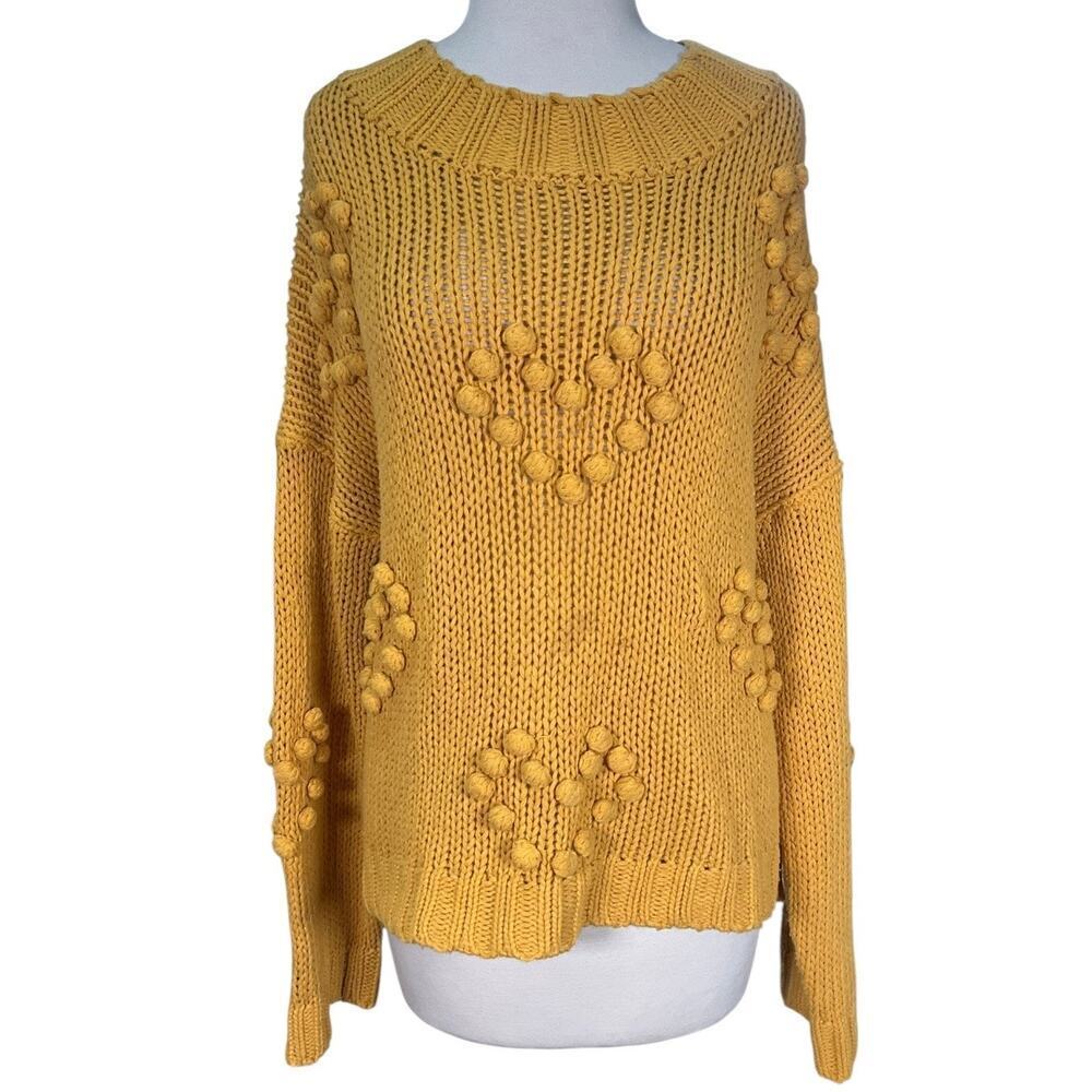 Mustard Chunky Knit Heart Sweater M Boho Cottagecore Oversized Textured Pom Pom